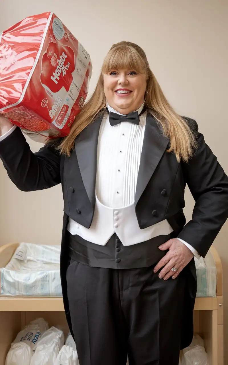 MiddleAged-Woman-in-Formal-Tuxedo-Holding-Huggies-in-Nursery