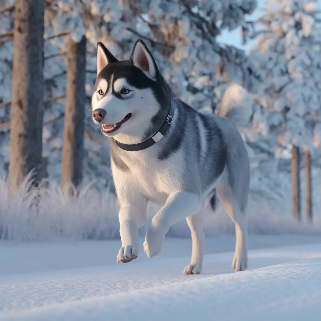 Husky-Running-in-the-Snow-with-a-Collar-3D-Rendering