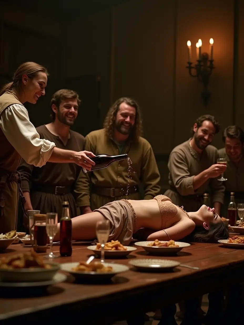 An epic 17th century scene featuring a group of hussars in simple clothes pour out wine over the body of a belly-dancer lying on the 17th century table between dishes and bottles, laughing, good mood, at night, in a castle hall, motion, expression, side cinematic view