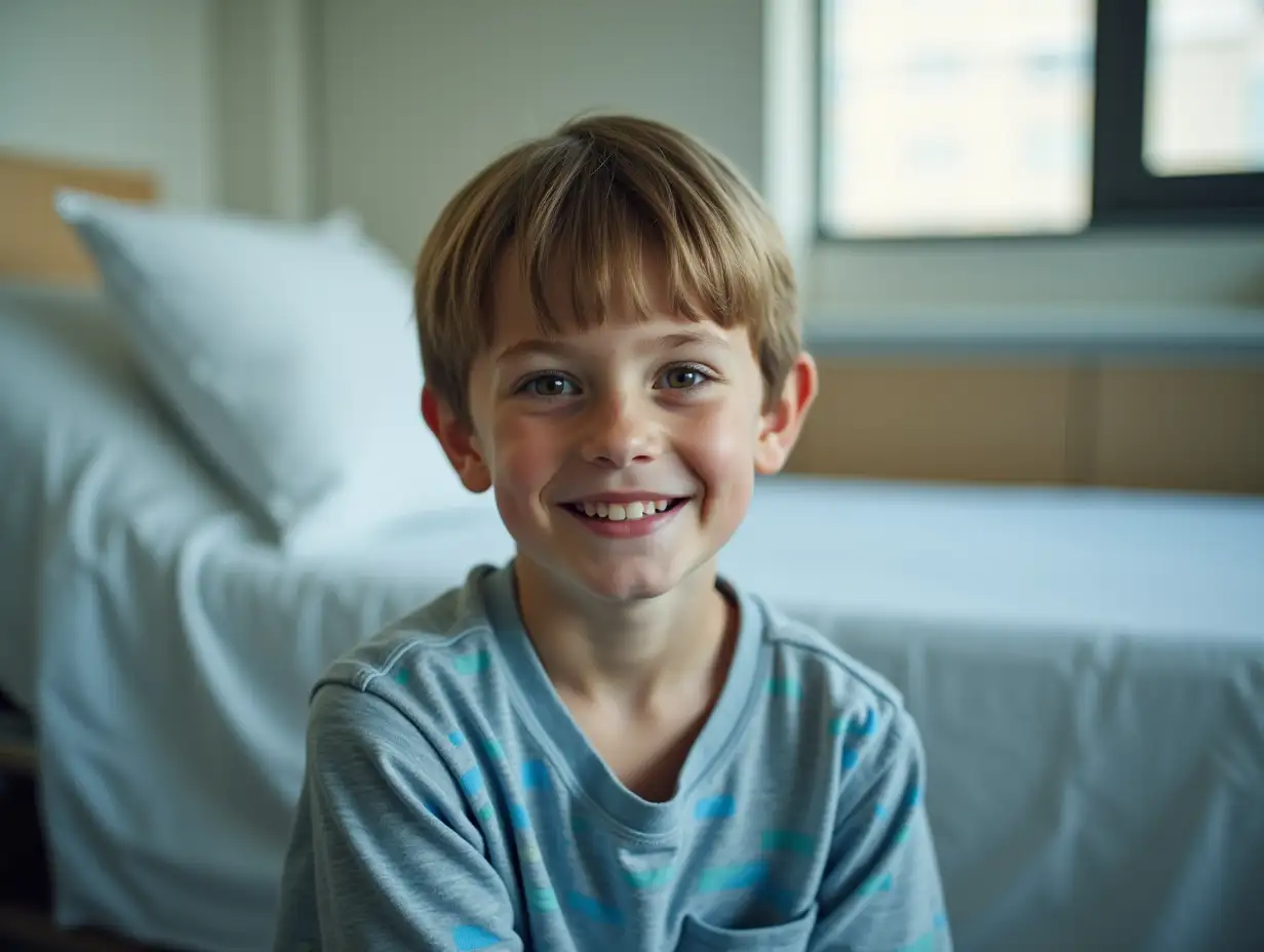 Portrait of a boy with cancer in a hospital room