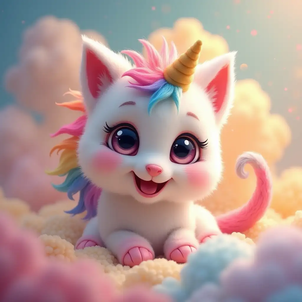 Cute, big eyes, rainbow furr, hybrid kitten unicorn., playing with small blonde girl plush. Backgroun is like colorful heaven.