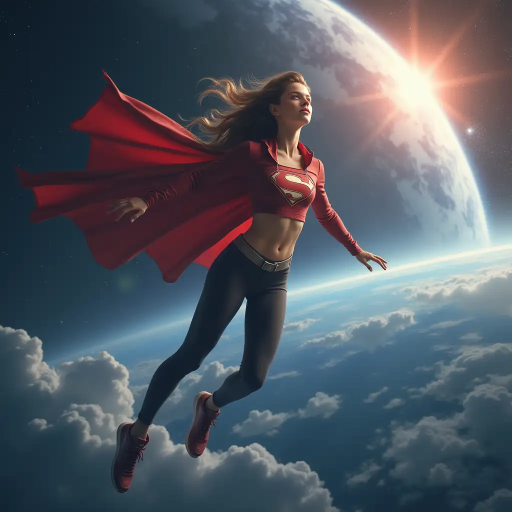 Teen Girl Superhero Soaring Through Space Towards Earth