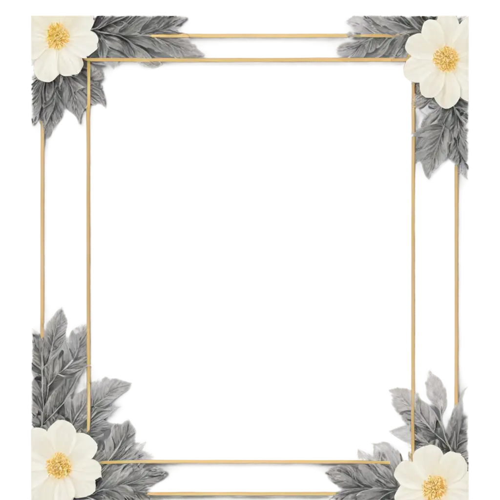 Elegant-Frame-of-White-or-Gray-Flowers-in-PNG-Format-Enhance-Your-Dcor-with-Simple-Golden-Frames