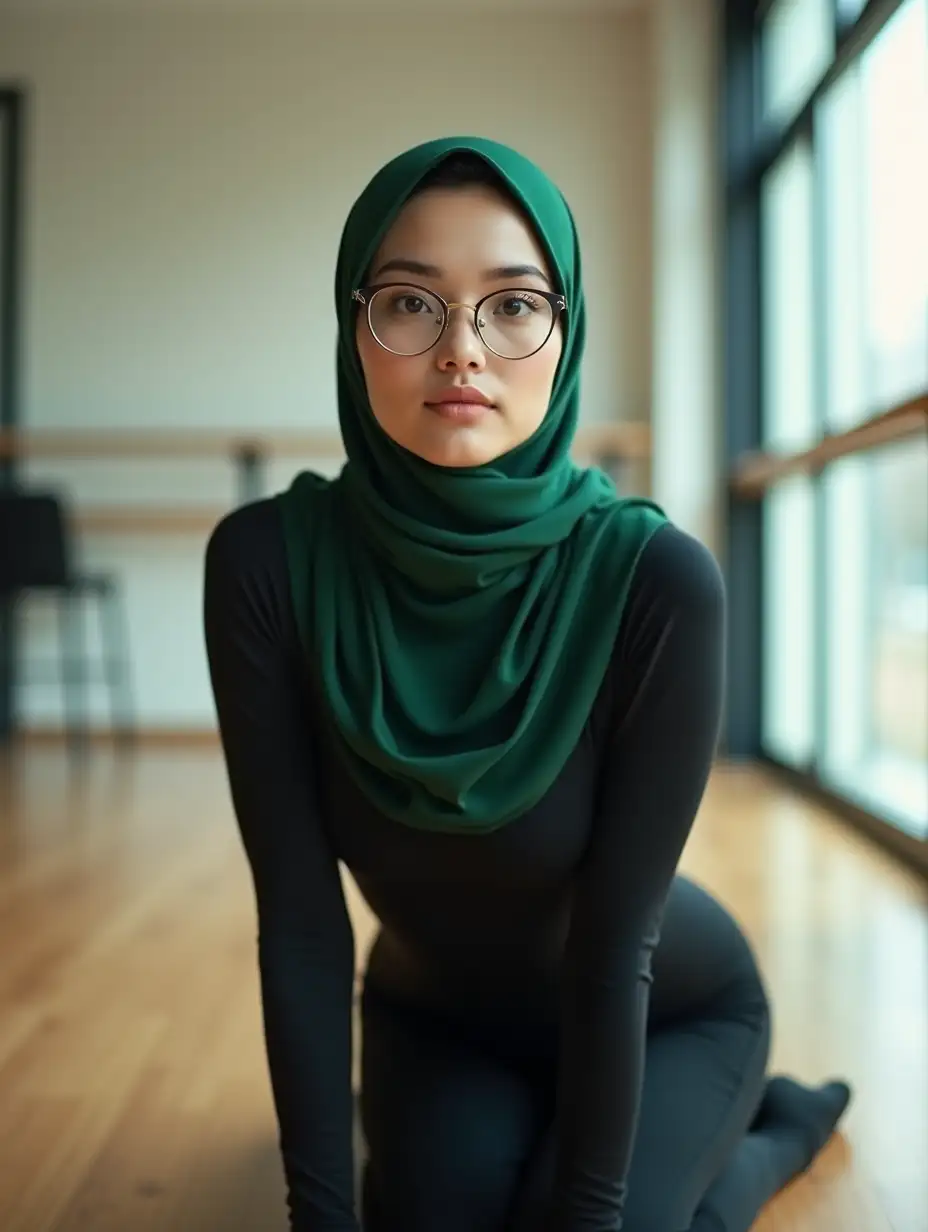 Serene-Asian-Woman-Performing-SitUp-in-Dance-Studio-with-Bottle-Green-Hijab