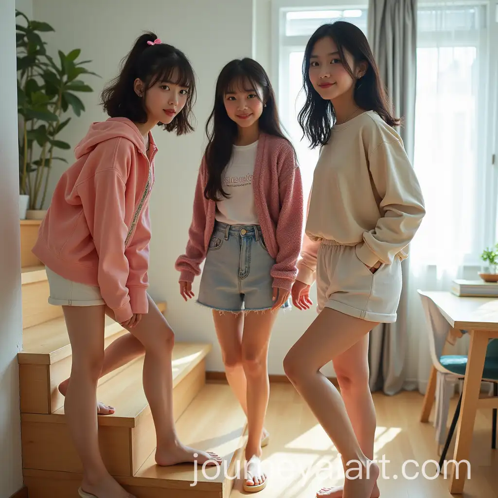 Three-Stylish-Asian-University-Girls-in-Shared-Apartment-Reflecting-Friendship-and-Ambition