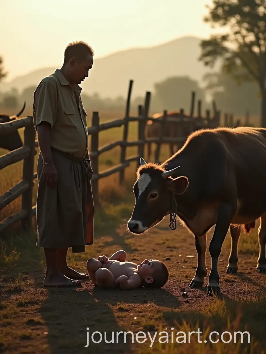 Indonesian-Cowherd-Witnessing-Birth-of-Human-Baby-at-Dawn-in-Rural-Cattle-Pen