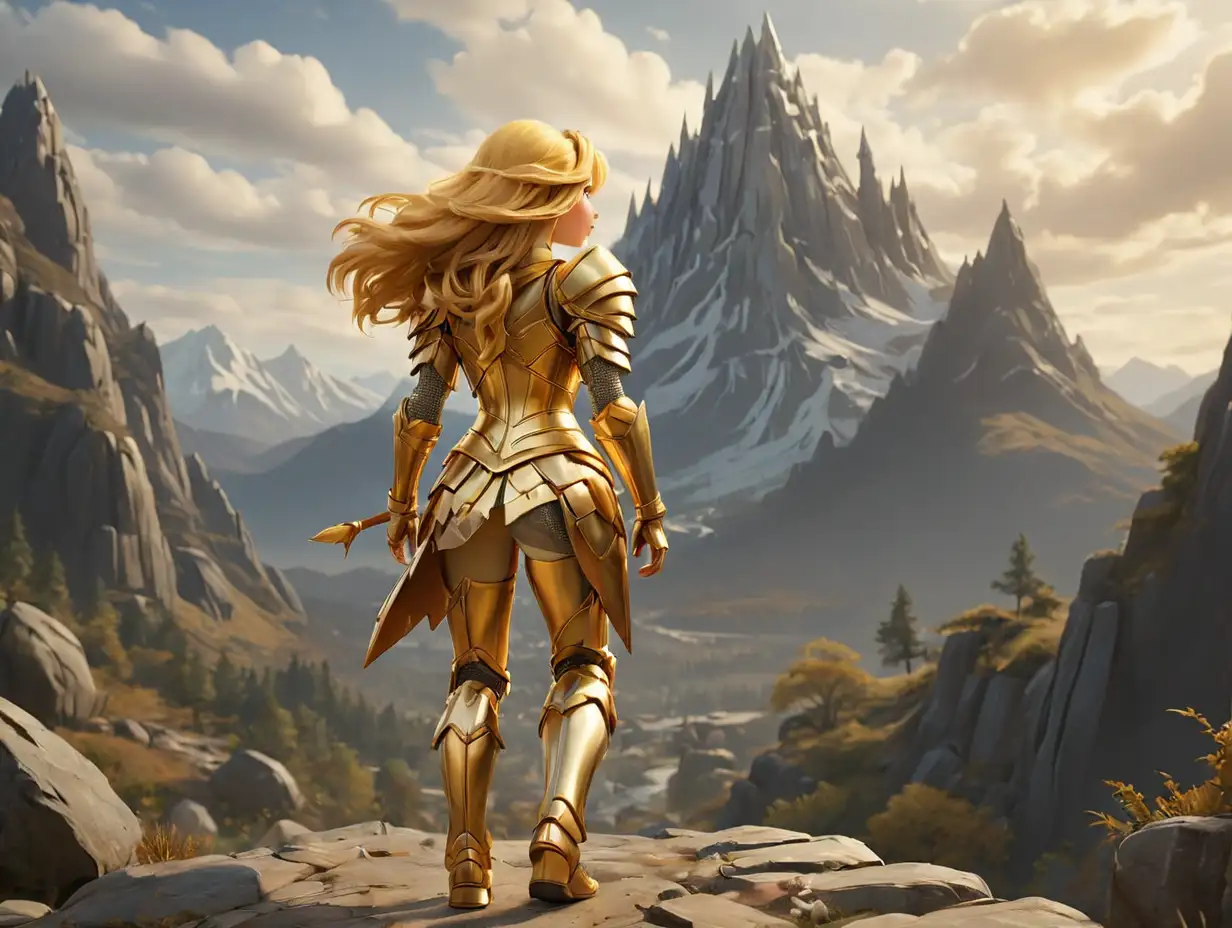 A wide-angle full-body image from behind of a princess with golden hair in golden warrior armor walking, with mysterious towering mountains in the background. , 3d disney inspire