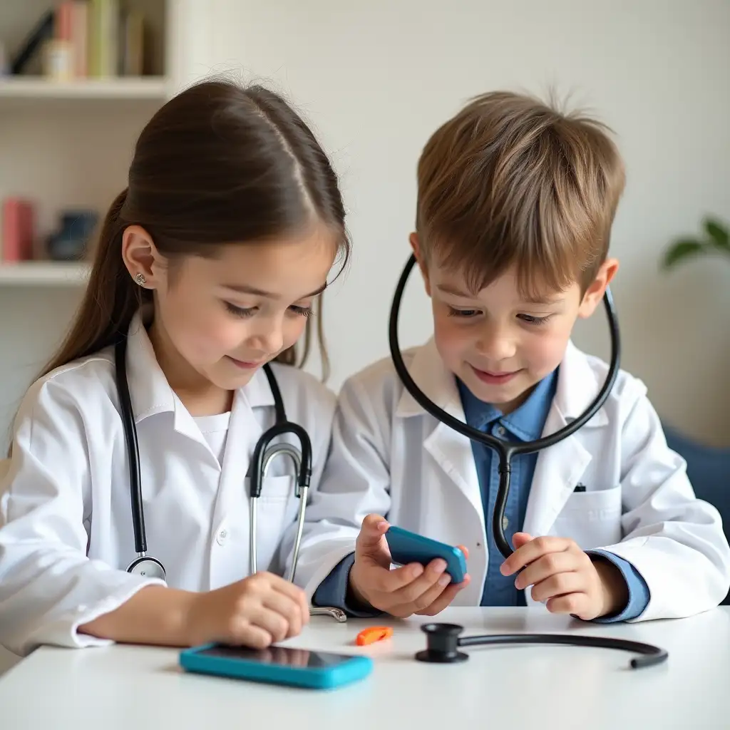 a four-year-old boy is examining a stethoscope with a phone and medical examination tools toys. the boy is wearing a white doctor's outfit. a eight-year-old girl with a stethoscope in her ear is next to the little boy