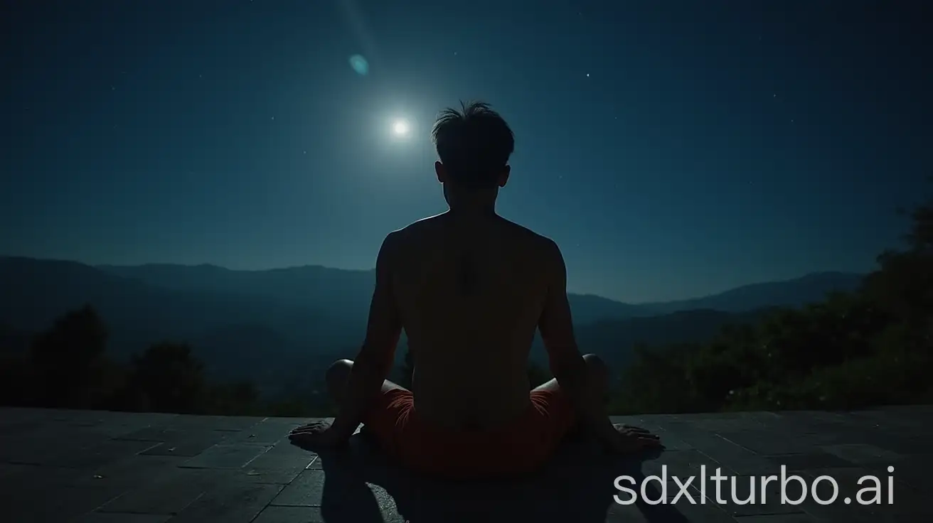 Sipanjonga, King of Ancient Buton sits on the terrace of his home in Asia-Indonesia, his back to the camera against a clear night sky.