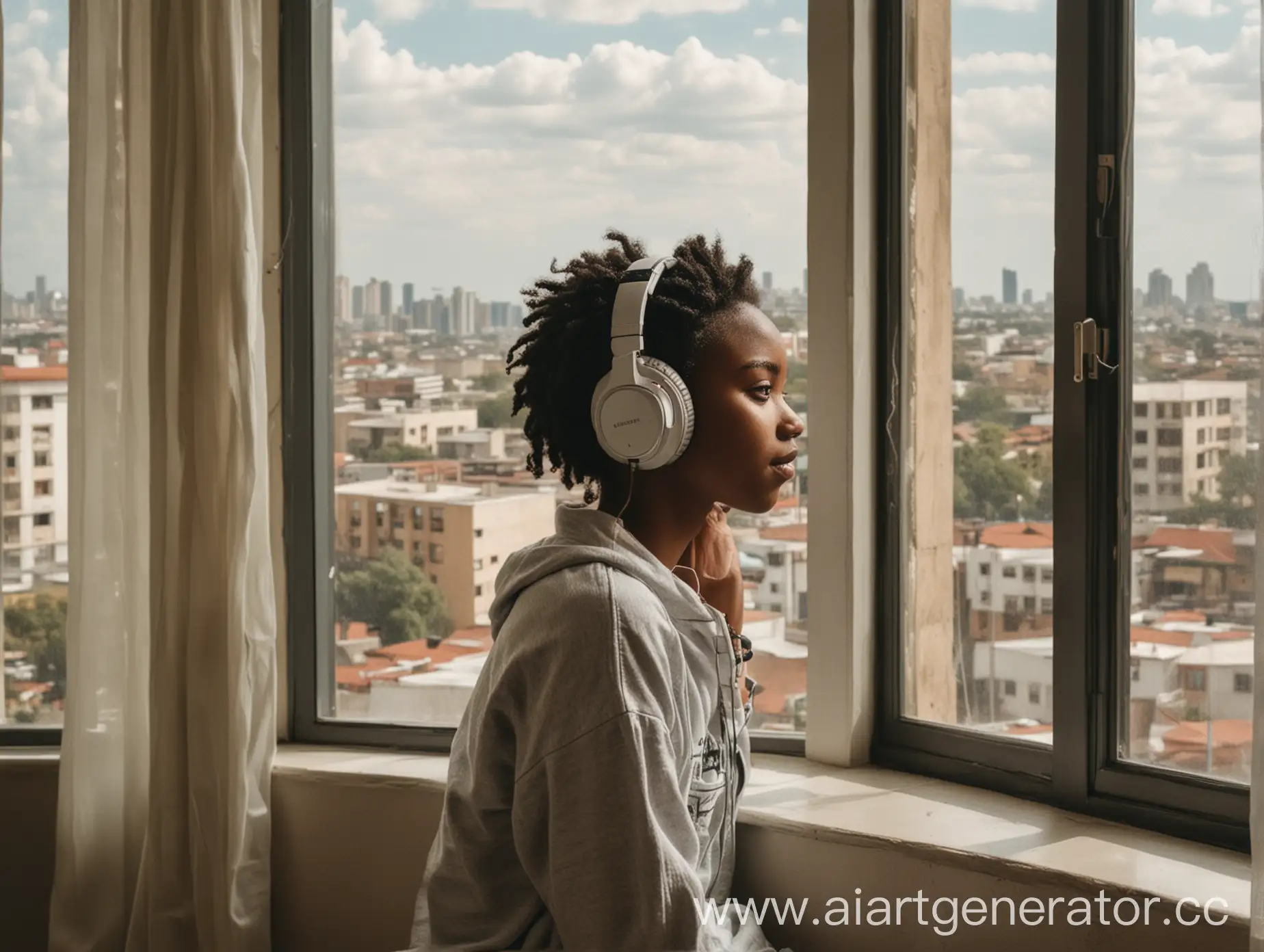 Girl-with-Headphones-Listening-to-Music-on-the-Twentieth-Floor-of-an-African-City-at-Noon