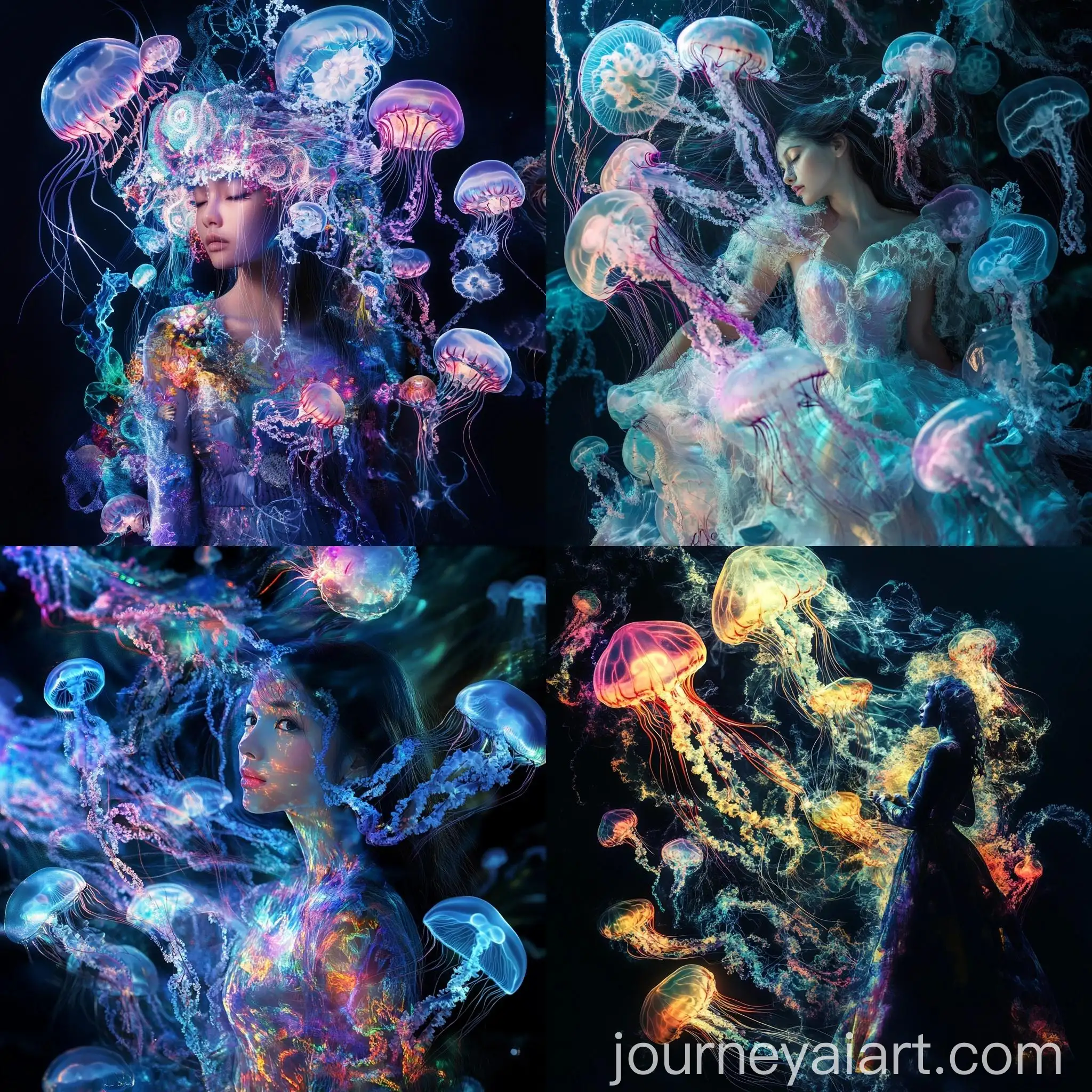 Ethereal-Woman-Surrounded-by-Luminous-Jellyfish-in-Dark-Seascape