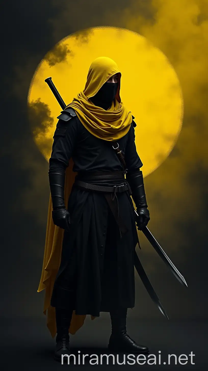 Warrior in Black Battle Attire with Dual Swords in Yellow and Black Setting