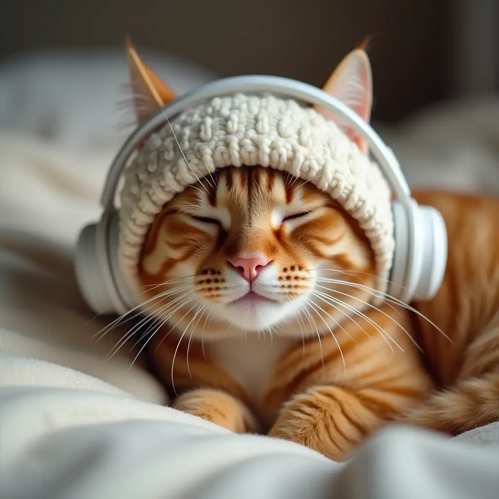 A realistic photo of an adorable orange cat wearing a cozy winter hat and white headphones, lounging comfortably on a soft bed. The cat looks relaxed, with its eyes half-closed in pure bliss, exuding a peaceful, soothing vibe.