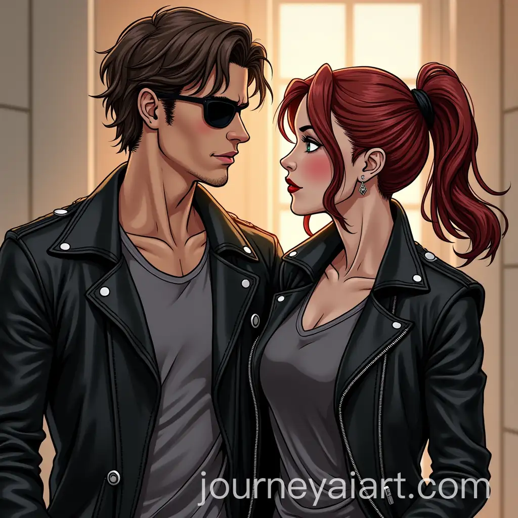 Xander-Harris-with-Eyepatch-and-Natasha-Romanoff-in-Grey-Tanktop-and-Black-Leather-Jacket
