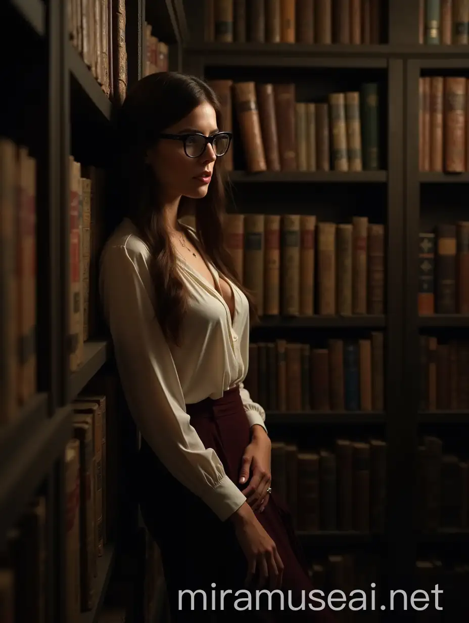 Woman in Dimly Lit Library with Old Books