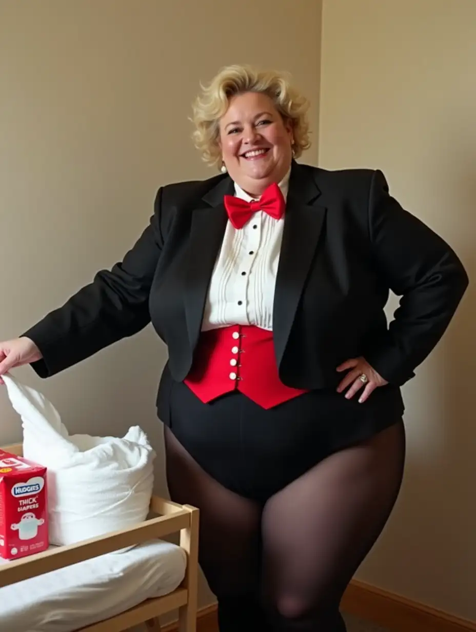 Smiling-Caucasian-Woman-in-Formal-Tuxedo-with-Huggies-Diaper-in-Nursery