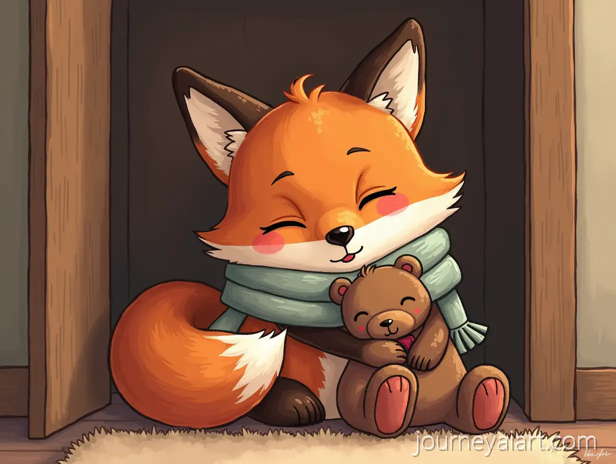 Chocolate-FoxAI-Art-Prompt-Expansion-Sleeping-in-Closet-with-Scarf-and-Plush-Bear