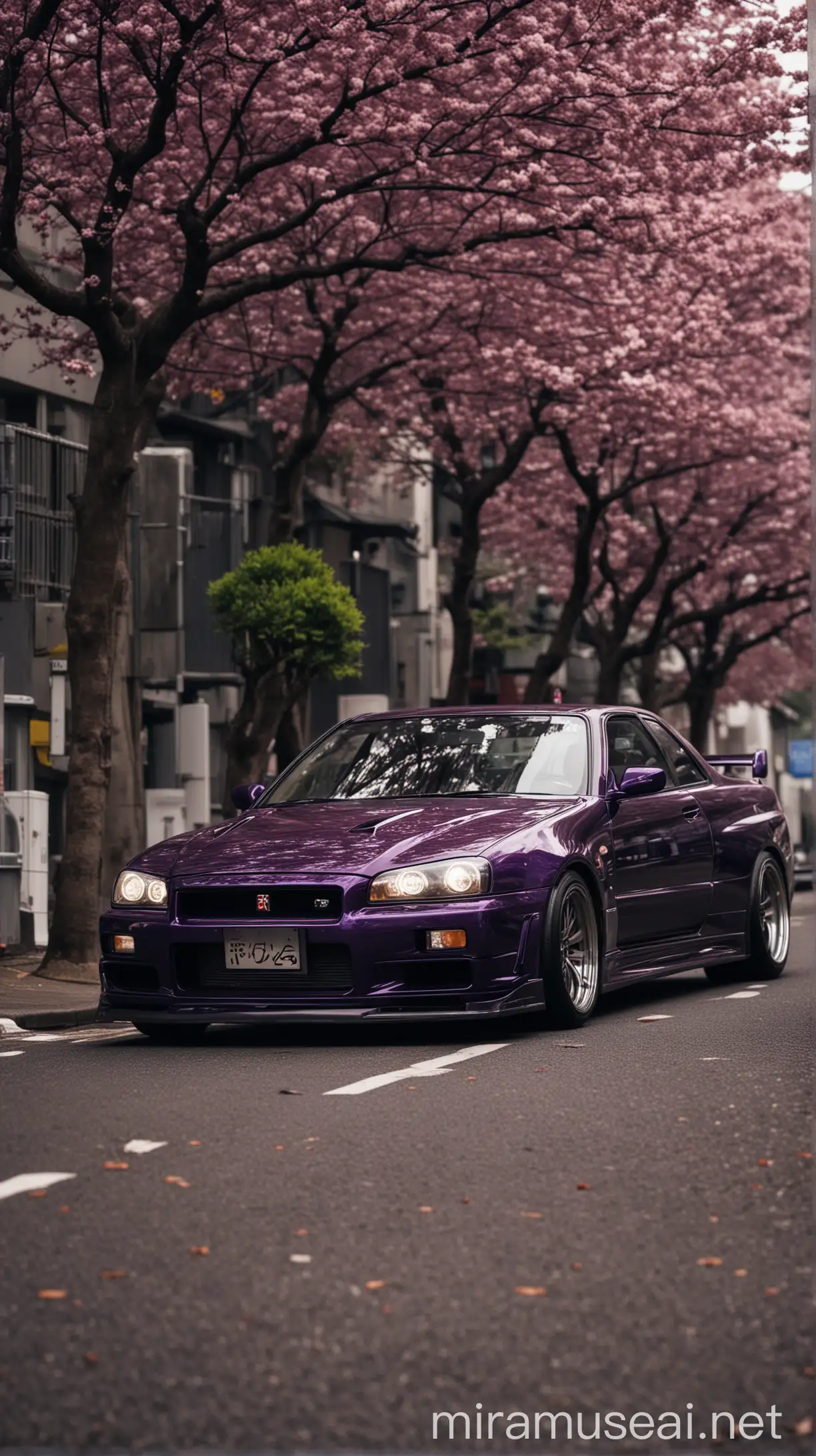 Dark Purple R34 Skyline GTR Rolling Through Tokyo Streets with Cherry Trees