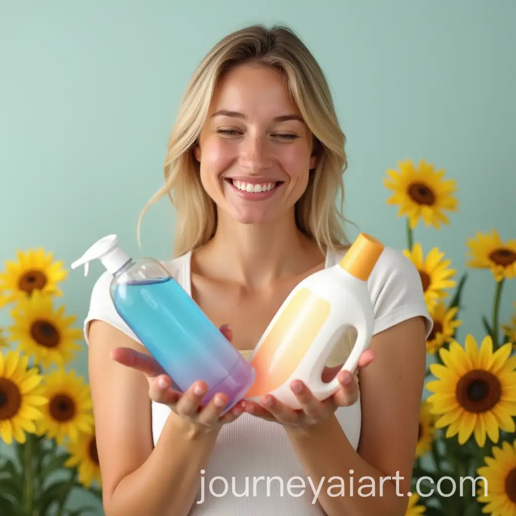 Happy-Woman-Holding-Detergents-with-Flowers-in-the-Background
