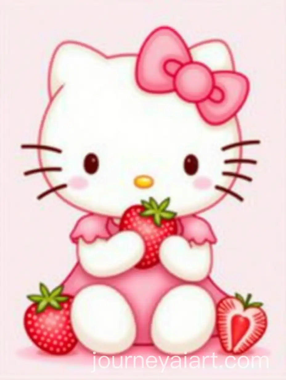 Hello-Kitty-in-Pink-Dress-Enjoying-Strawberries