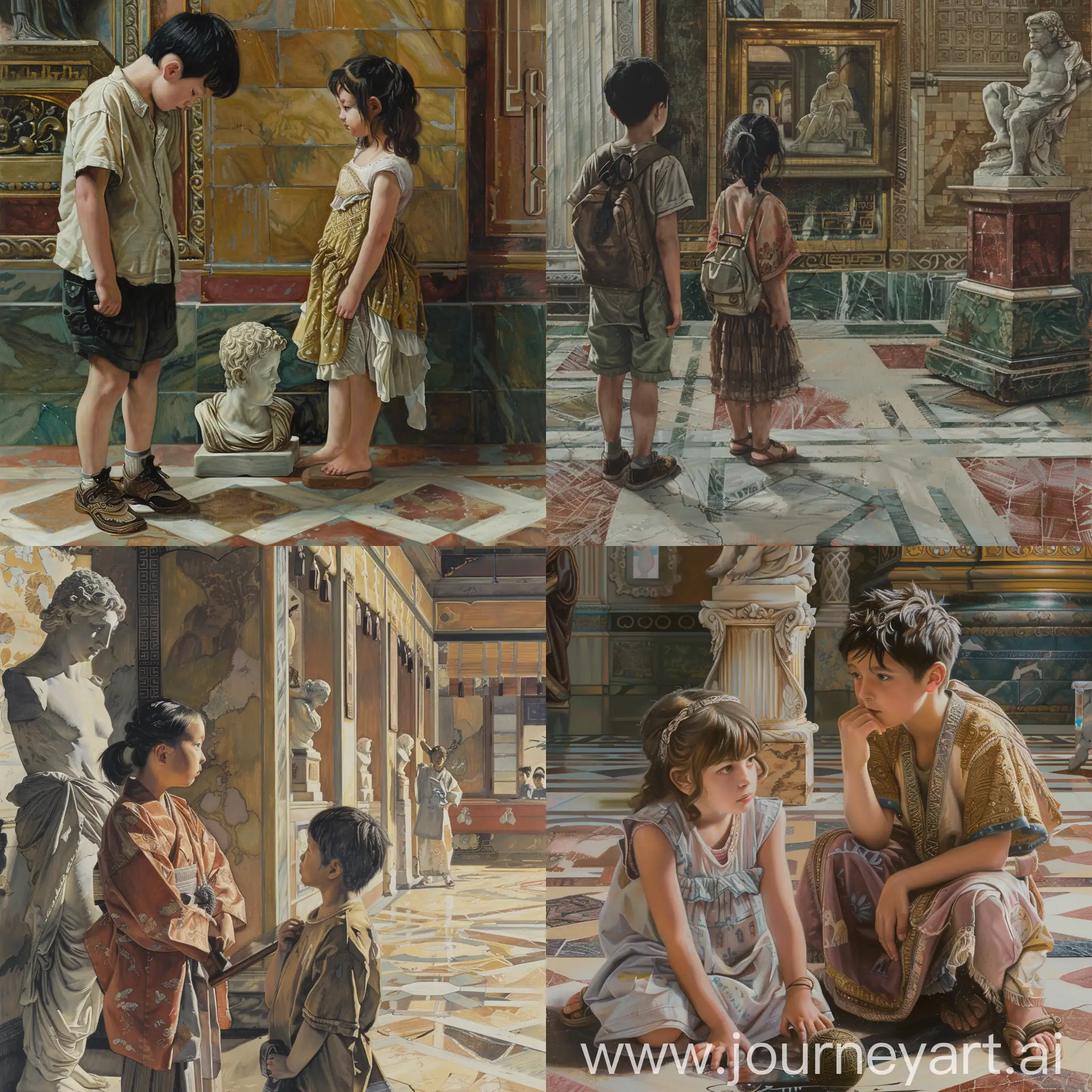 Renaissance-Painting-Ancient-Japanese-Boy-and-Girl-Admiring-Roman-Statue