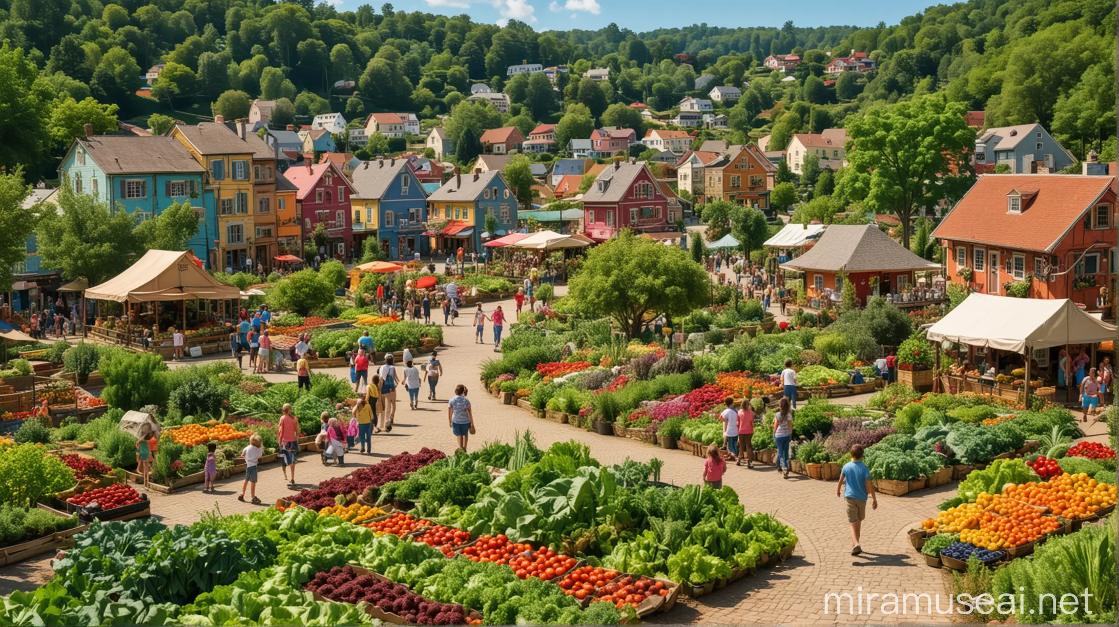 Vibrant Healthyville Townscape with Colorful Vegetable Gardens and Happy Residents