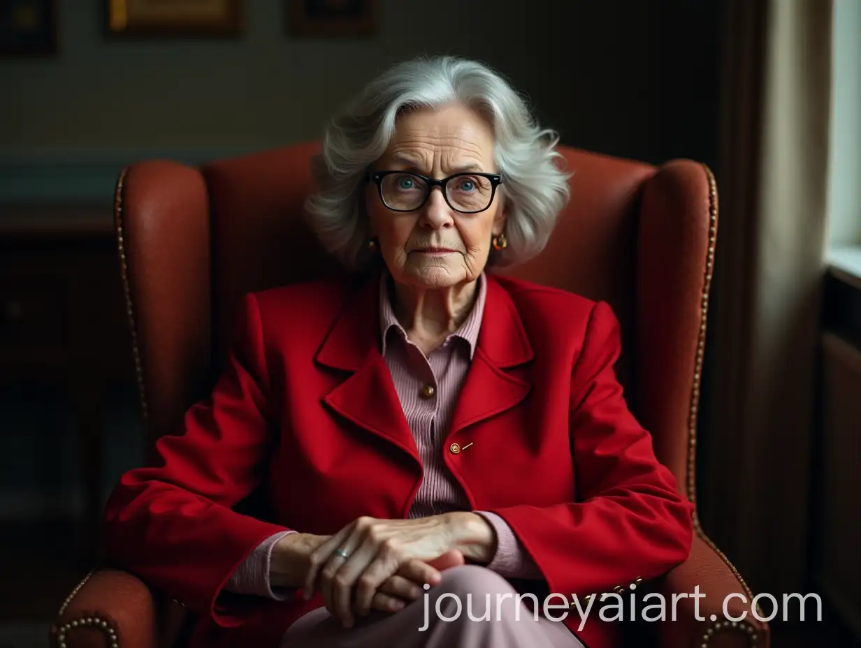 Elegant-Mature-Woman-in-Red-Jacket-with-Stern-Expression-and-Long-Eyelashes