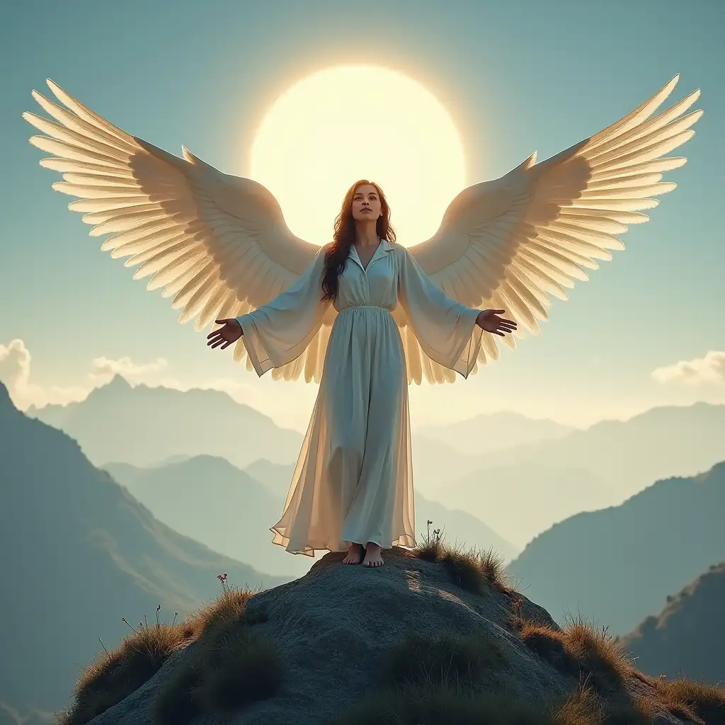 a person standing on top of a mountain with their wings spread wide. The person appears to be an angel or a bird, with a halo above their head and a peaceful expression on their face.