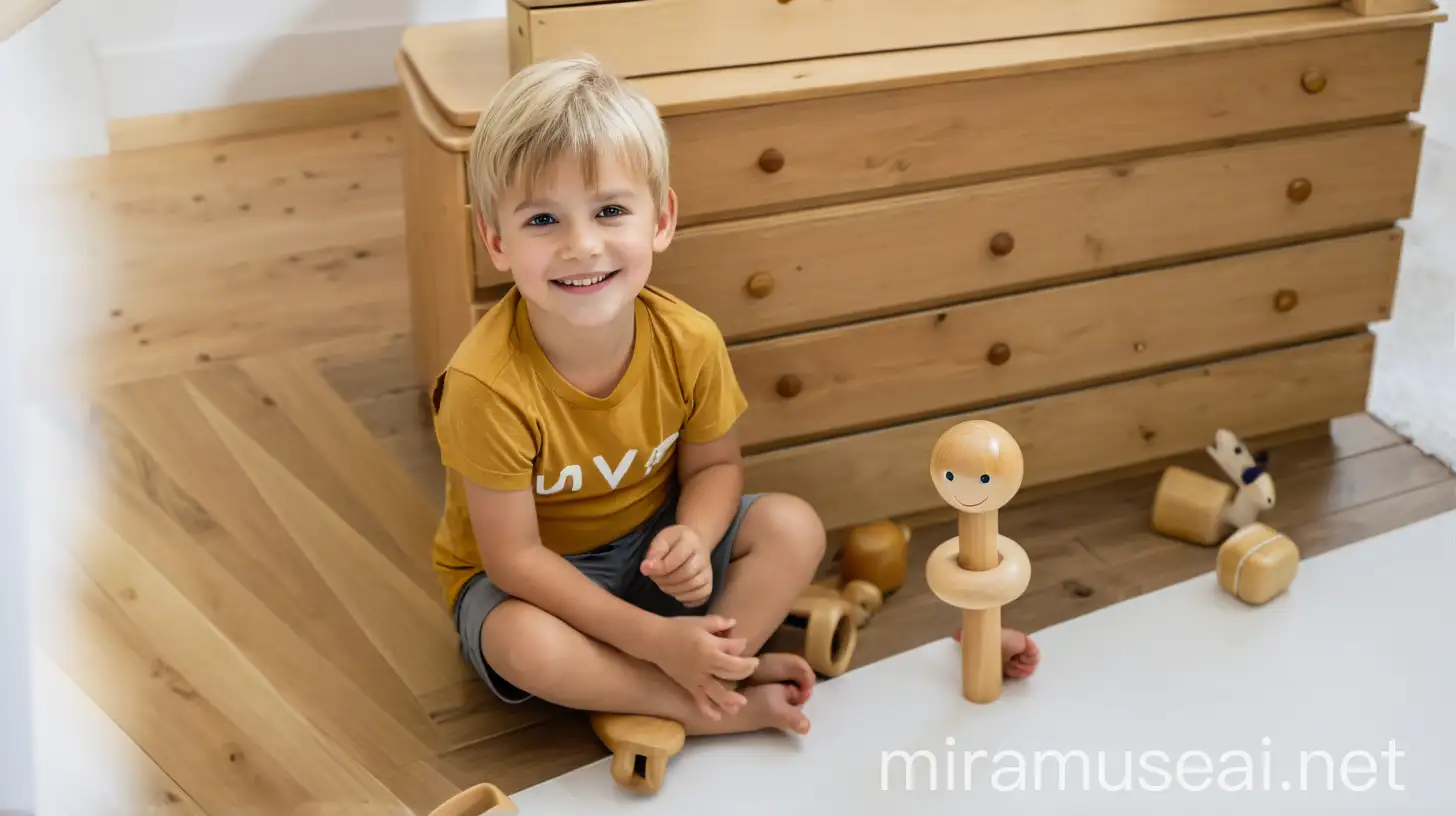 Joyful Blond Hair Boy Holding Clean Wooden Toy in Childrens Room