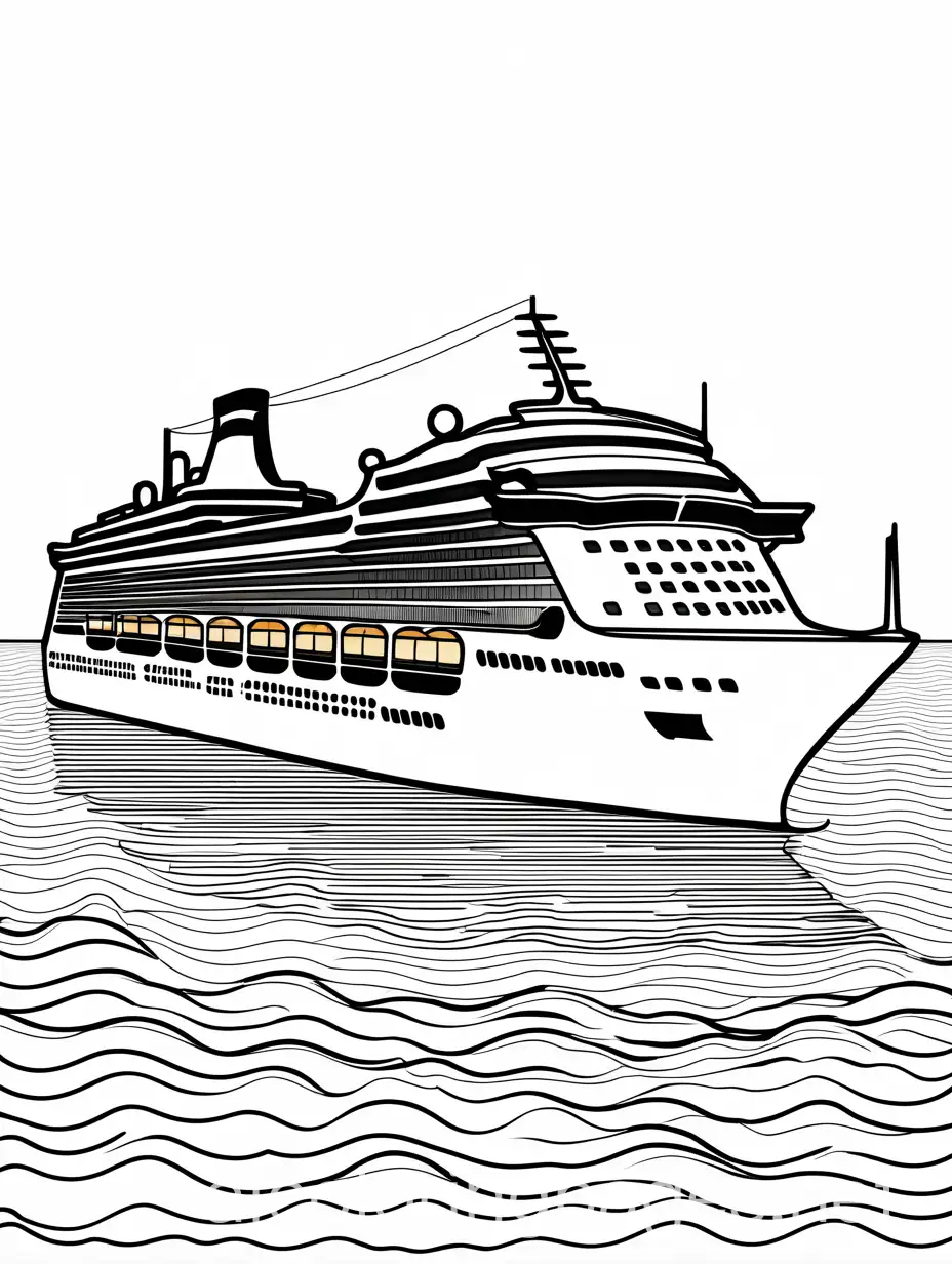 hand sketch of a  cruise ship that is sailing away, Coloring Page, black and white, line art, white background, Simplicity, Ample White Space. The background of the coloring page is plain white to make it easy for young children to color within the lines. The outlines of all the subjects are easy to distinguish, making it simple for kids to color without too much difficulty