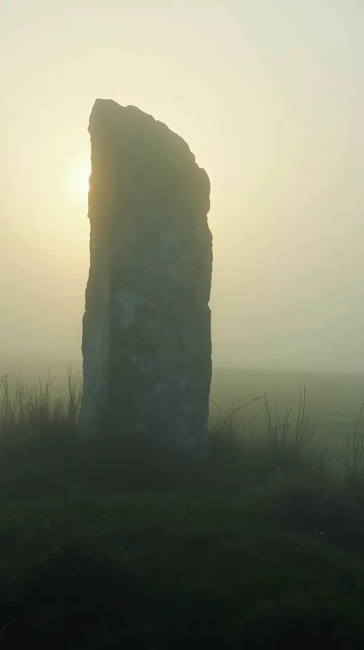 An ancient Celtic standing stone on a misty moorland at dawn, surrounded by soft light and mystery. A sense of ancestral presence and sacred remembering.