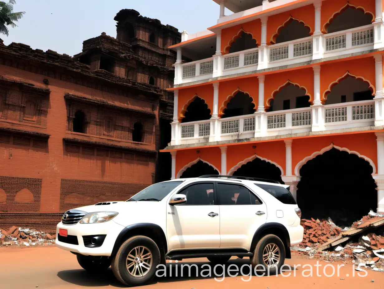 White-Toyota-Fortuner-Car-in-Front-of-Old-Broken-Orange-Hindu-Ashram