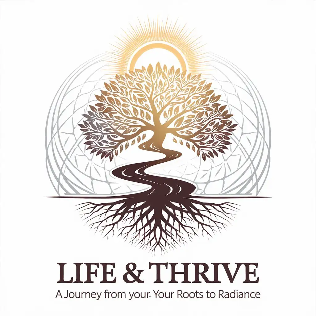 LOGO Design For Life Thrive A Journey from your Roots to Radiance with Majestic Tree Sun and Halo Theme