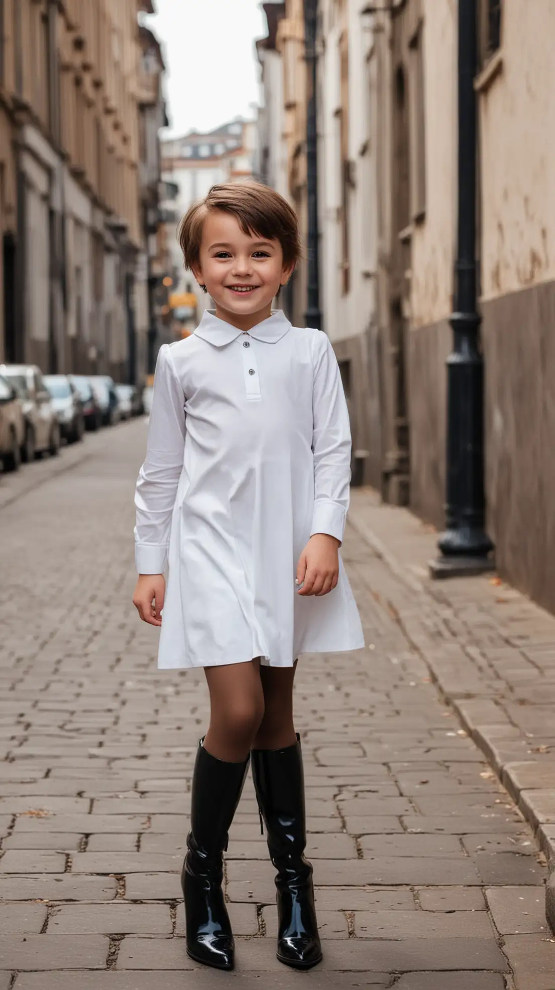 Smiling-Little-Boy-in-White-Dress-and-Black-Stiletto-Boots-in-Urban-Setting