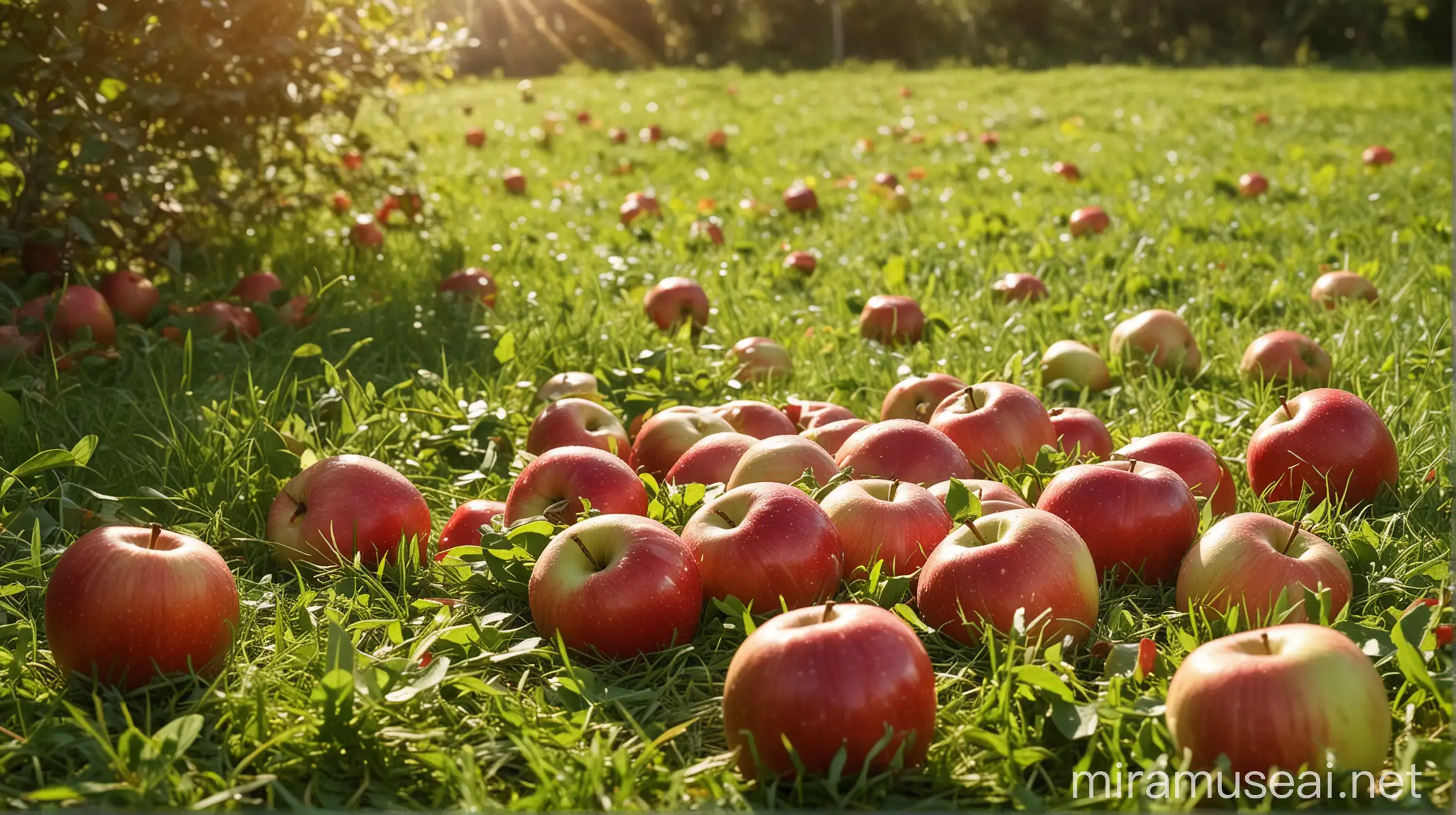 Serene Outdoor Scene with Fresh Apples in Sunlit Meadow