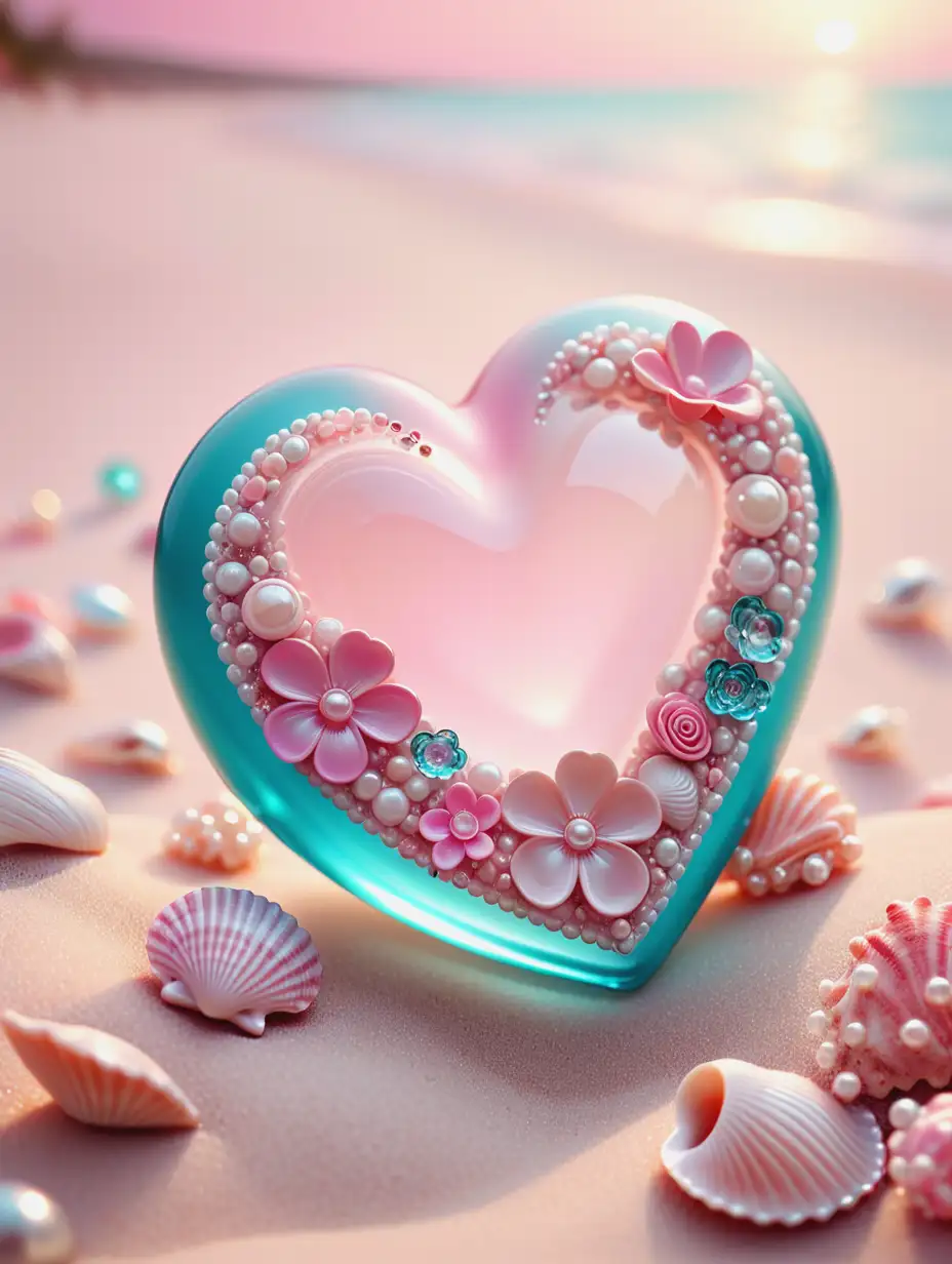 Heart shaped, translucent, pink glass object, detailed with sculpted 3D flowers in soft pink, cream and turquoise shades, beads and realistic crystals. Seashore. Close-up. The object sits on a bed of light pink sand with scattered pearls, shells and gemstones (photorealistic), Nearby is a seashell with a heart shaped hole, also decorated with crystals and pearls. The background suggests a sunset with subtle shades of pink. Detailed composition with a shallow depth of field, focusing on the main object. Jewelry style. Romantic, feminine and luxurious mood. Coastal setting. 8k resolution, digital painting, demonstrating a sense of luxury and artistry.