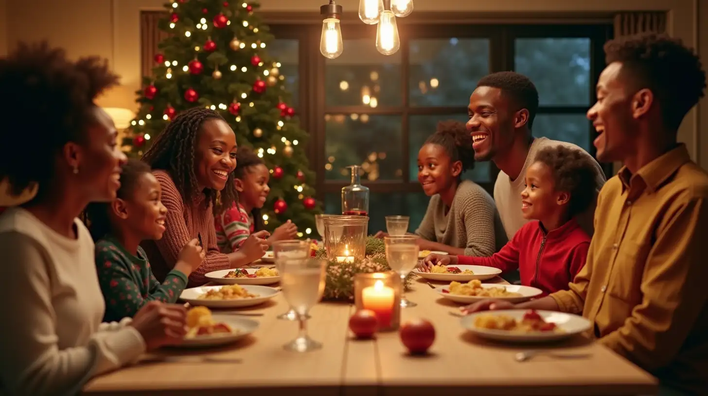 Joyful African Family Celebrating Christmas Dinner with Festive Decorations