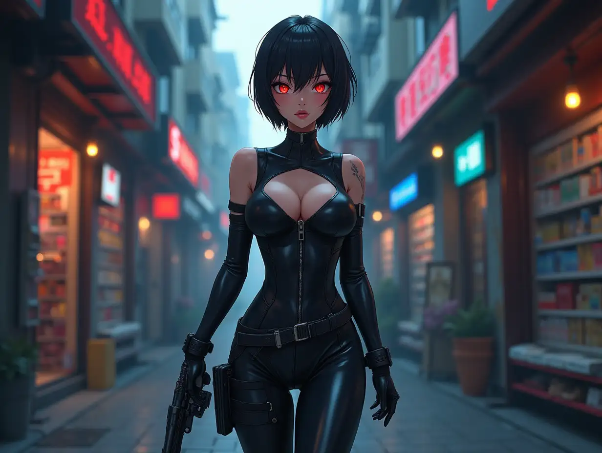 Short hair, mature Asian woman thief cyber runner in a dynamic full-length pose, eyes with red electronic pupils, large breast, extreme skintight body glove zipped down with cleavage, combat boots and combat belt. Full view of her body from boots up, low wide angle. Future store filled city alley street. Anime