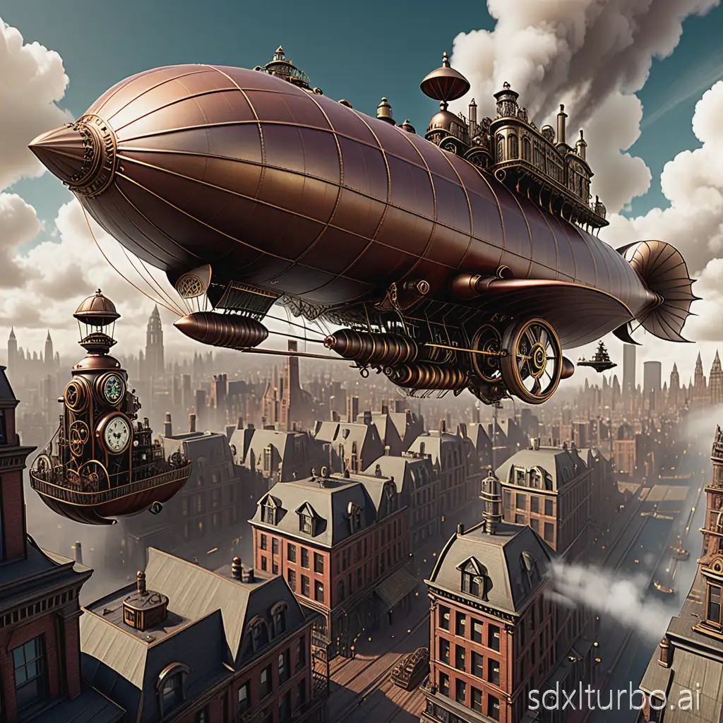 Vintage, steampunk-inspired airship soaring above a sprawling, Victorian-era cityscape, with intricate clockwork mechanisms and steam-powered engines