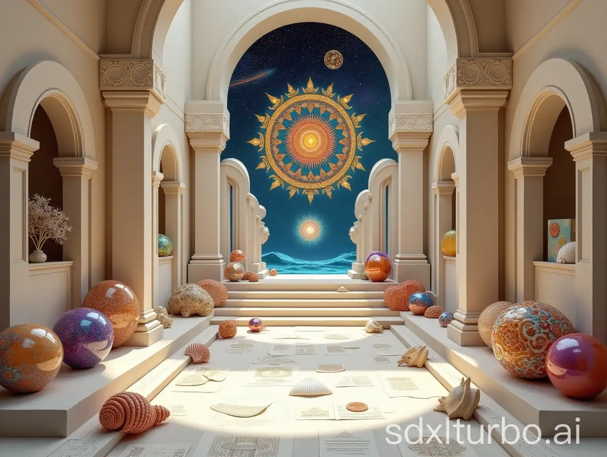 a carved white stone hall with carved pillars altar with sun mandalas, many glassy polyhedra on shelves, colorful spiraling seashells, papers and posters with mandalas et formulas, pictures of fractals, galaxie and starry sky in the background, off white and warm colors, high precision, low saturation