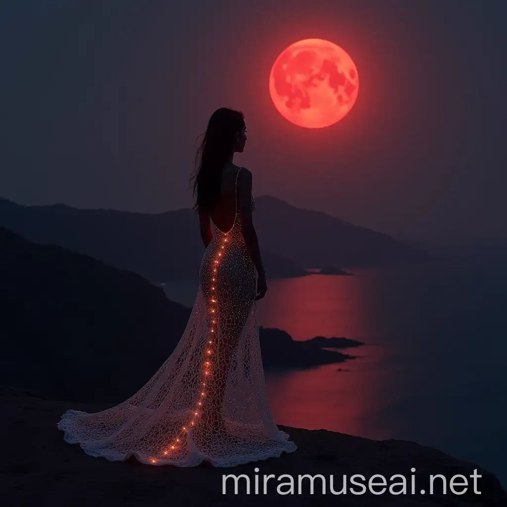 3d 8k minimal realstic illustrator minimal woman beside the volcano in stunning california villa wearing amazing digital Nano light stunning crochet dress with digital Nano light and red moon with highlight at the midnight