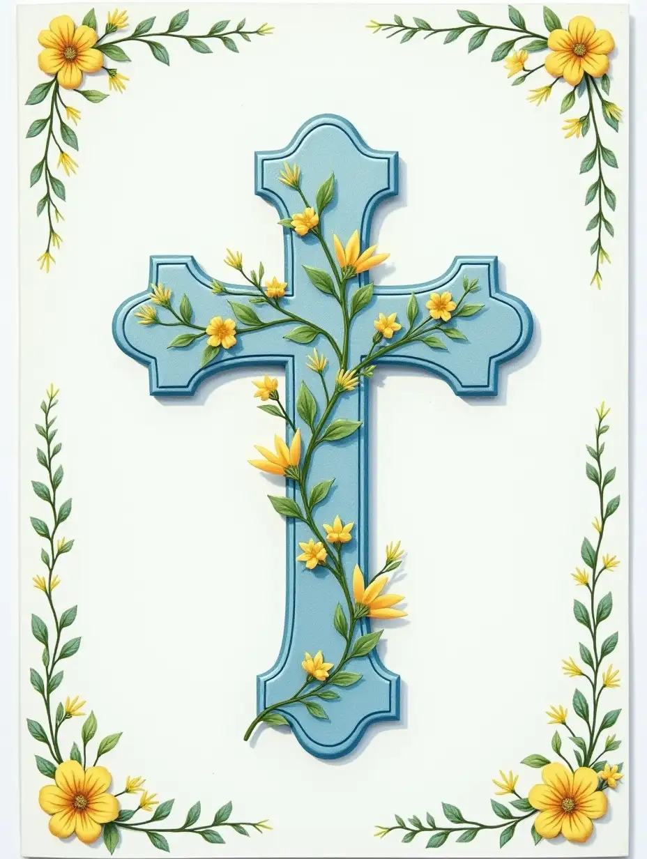Card design with Cross painted pale blue- covered with Ivy and small yellow flowers. There is a border of very small flowers all around the edge of the card