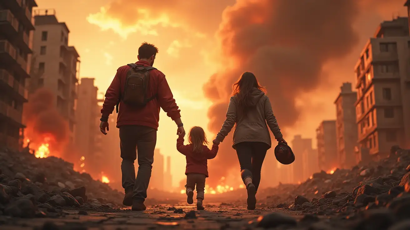 A hyper-realistic, highly detailed scene of a family running together through a devastated urban landscape. The father leads, holding the hand of a small child, while the mother follows, clutching a backpack. Their faces show a mix of terror and determination. The environment features collapsing buildings, fiery explosions, and swirling clouds of ash and dust. The ground is cracked and littered with debris, and the sky glows with an ominous orange-red hue. The atmosphere is emotional and chaotic, emphasizing themes of protection and survival.