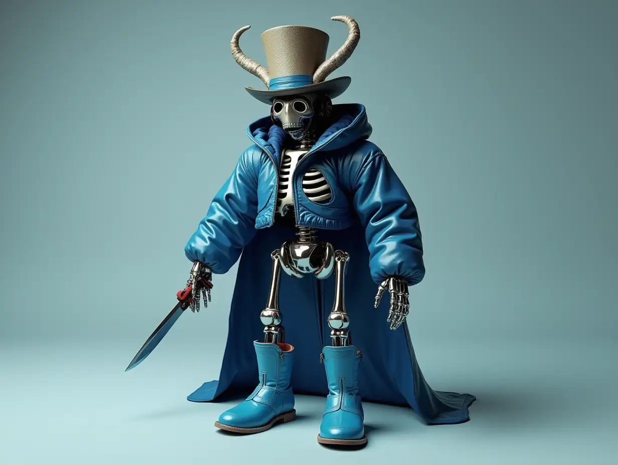 Create a high-resolution, realistic image of a robot with a skeleton body, blue leather boots and head of a fashion tracksuit, and a knife in hand with a top hat and horn in 4K resolution