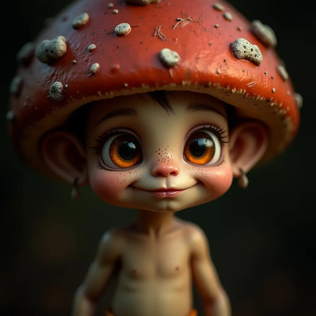 A hyper-realistic close-up portrait of an adorable anthropomorphic creature resembling a young mushroom. Its large, expressive orange eyes are filled with curiosity and warmth, reflecting subtle light. The creature's skin has a textured, slightly weathered appearance, showcasing fine details, wrinkles, and pores. Its head is capped with a red mushroom top, featuring intricate patterns, scratches, and a weathered look, with subtle white spots and a glossy surface. The creature’s face exudes charm and innocence, with a small, gentle smile and a curious demeanor. One of its tiny hands is visible in the foreground, displaying intricate details like small wrinkles and a natural, organic texture. The background is dark and softly blurred, accentuating the subject’s features and creating a dramatic yet inviting atmosphere. The overall composition blends realism with whimsy, highlighting the creature's endearing and magical qualities.