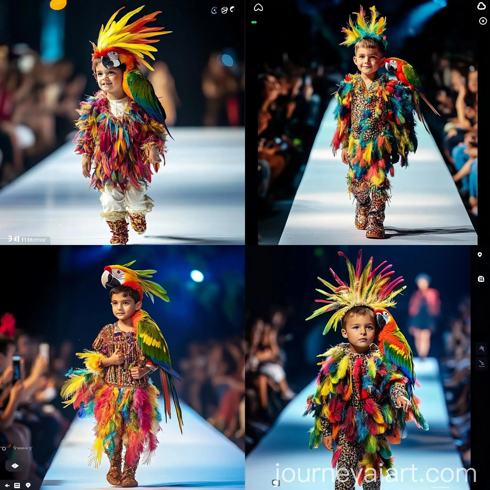 Boy-in-Colorful-Feathers-Costume-with-Parrot-on-Shoulder-on-Stage