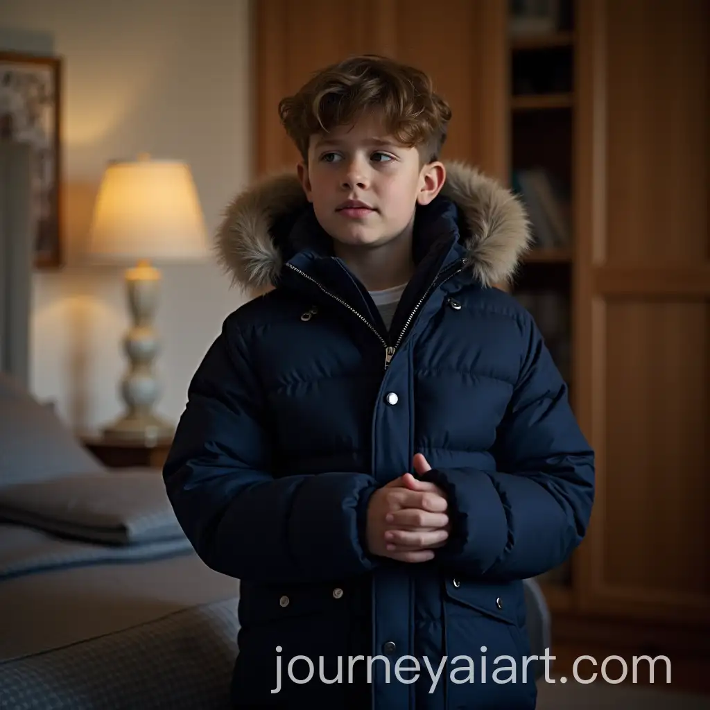Shy-Boy-in-Oversized-Puffy-Winter-Coat-in-Cozy-Bedroom