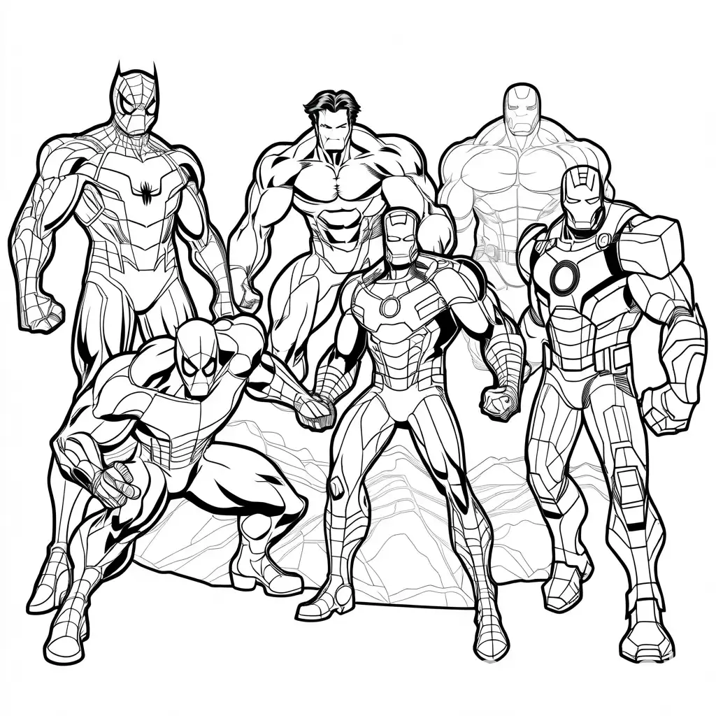 spider man, wolverine, iron man, hulk coloring page, Coloring Page, black and white, line art, white background, Simplicity, Ample White Space, The background of the coloring page is plain white to make it easy for young children to color within the lines. The outlines of all the subjects are easy to distinguish, making it simple for kids to color without too much difficulty