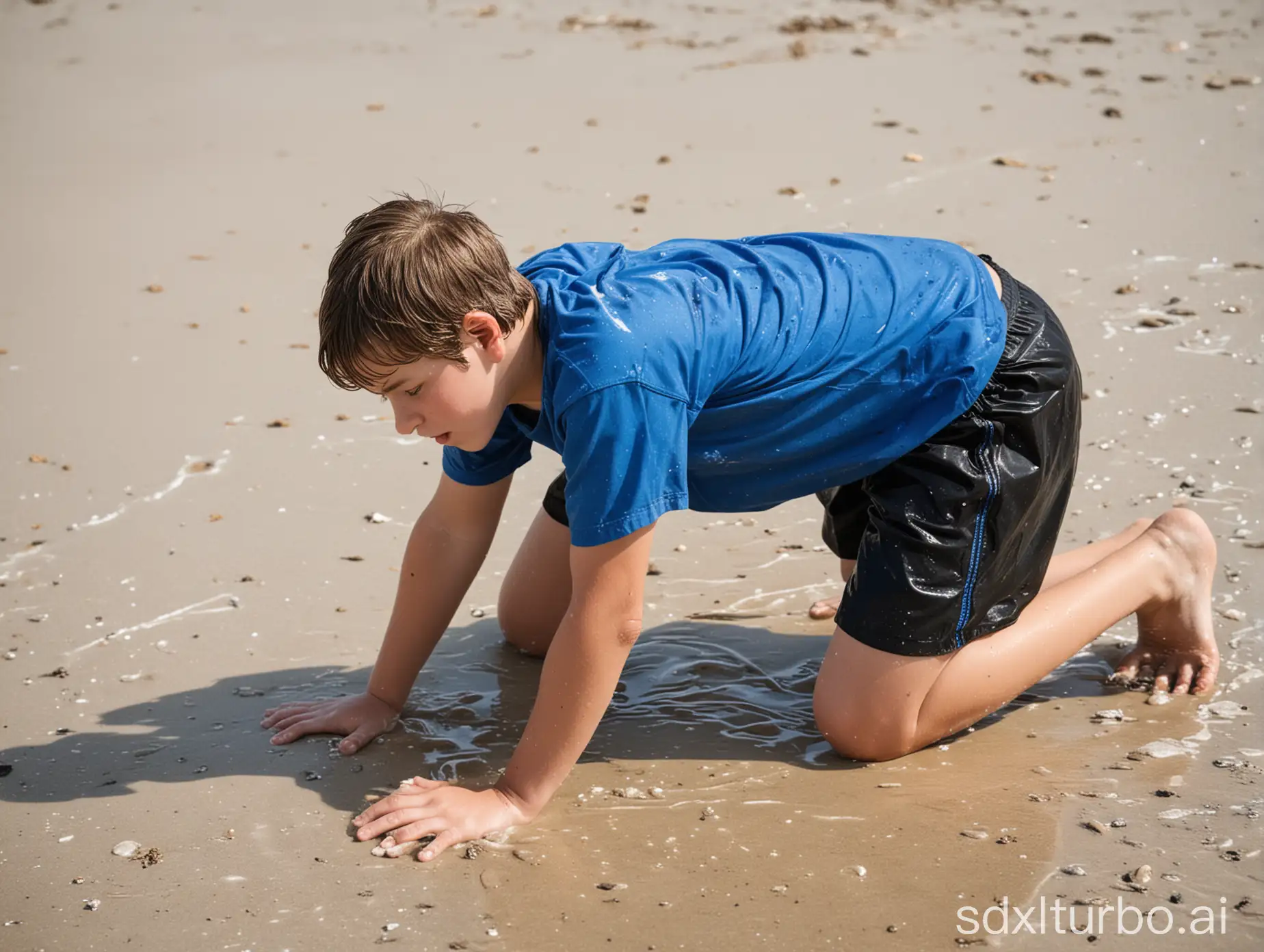 Boy-in-Wet-Blue-and-Black-Shorts-Crawling-on-Beach