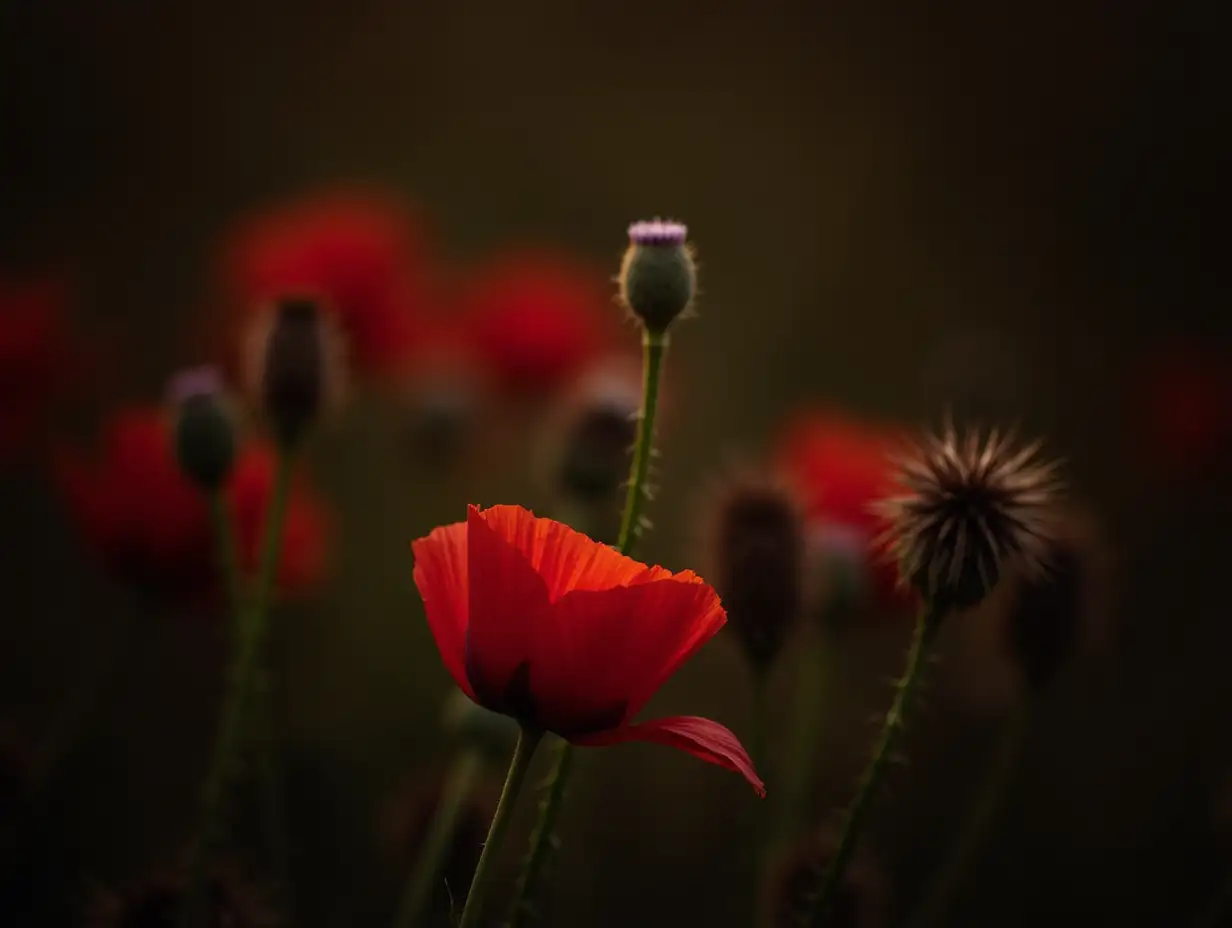 Red Poppies and Echinops Thistle in Earth Tones